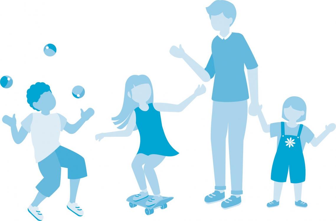 Piktogramm Mann mit zwei Kindern, die spielen in blau