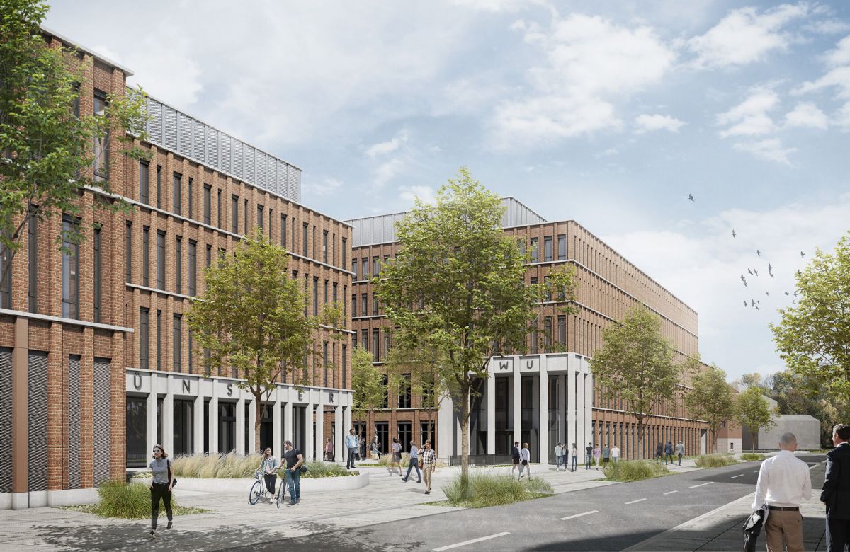 Bei der Gestaltung der drei neuen Gebäude (hier die Ansicht von der Robert-Koch-Straße) orientierte sich der BLB NRW an der denkmalgeschützten Hüfferstiftung. (Visualisierung: agn Niederberghaus & Partner GmbH)  