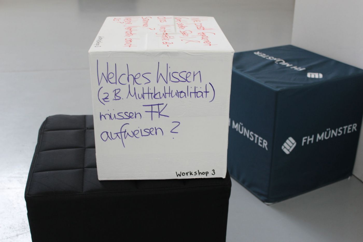 Auf einem großen Pappwürfel steht als Frage für einen der Workshops: Welches Wissen (z.B. Multikulturalität) müssen FK aufweisen?". (Foto: FH Münster/Tjorven Thorwesten )
