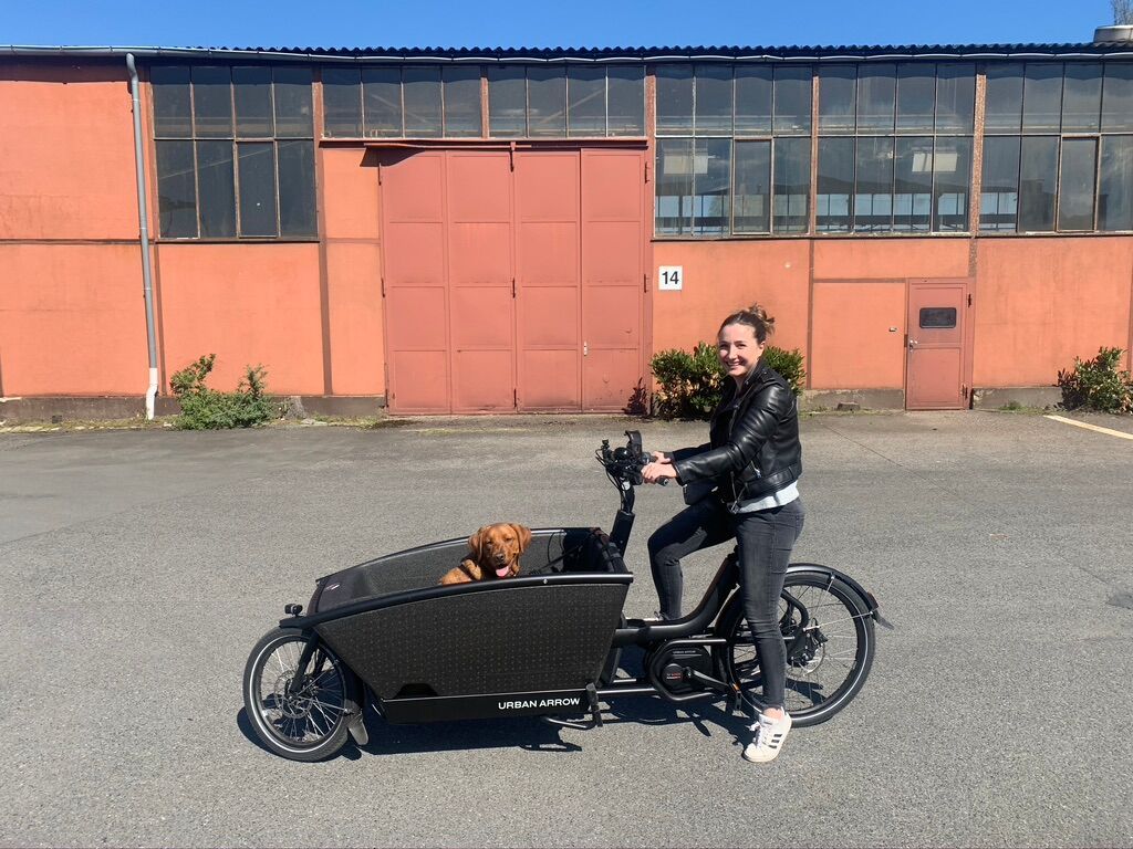Eine Frau sitzt auf einem Lastenrad. Vorn in der Box sitzt ein Hund. 